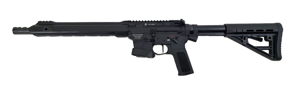 Schmeisser Gewehr, schwarz, seitliche Ansicht.