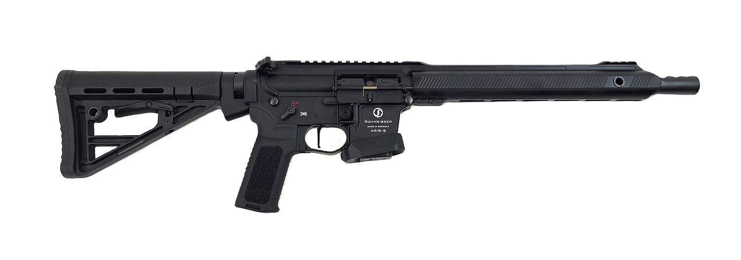 Schmeisser Gewehr, schwarz, seitliche Ansicht.