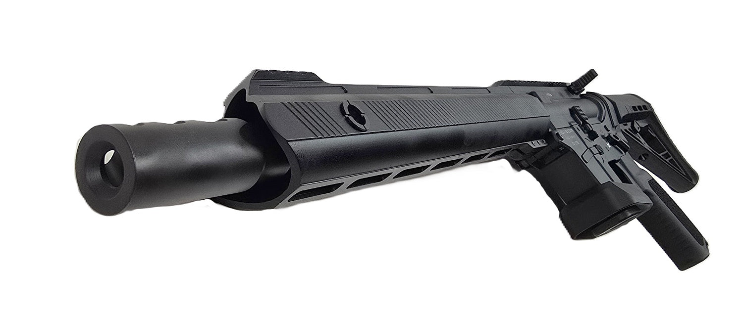 Schmeisser Gewehr, schwarz, seitliche Ansicht.