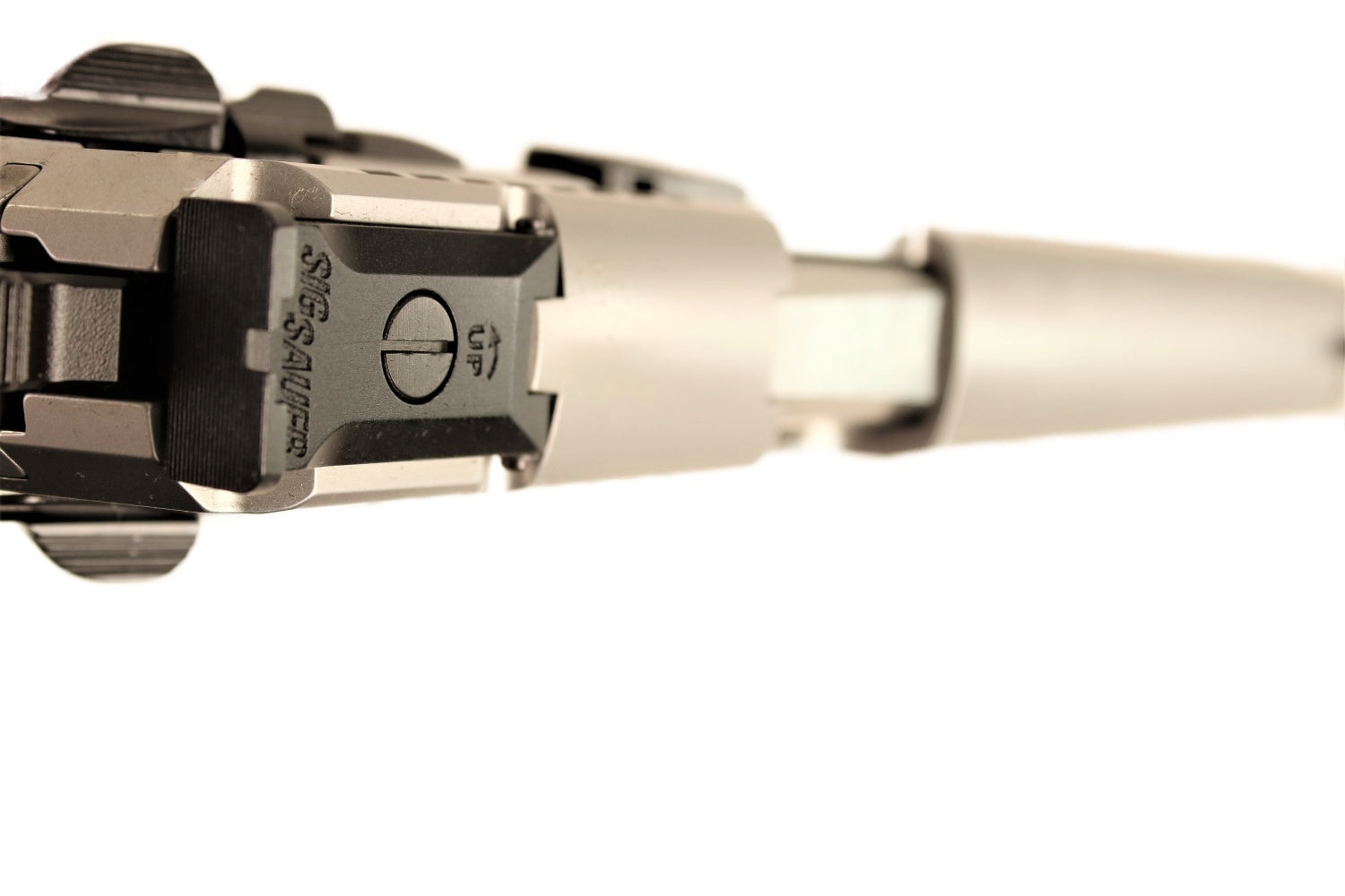 SIG SAUER Pistole, goldfarben, seitlich.