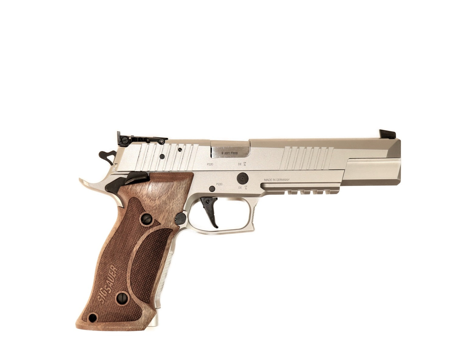 SIG SAUER Pistole, Holzgriff, Silber.