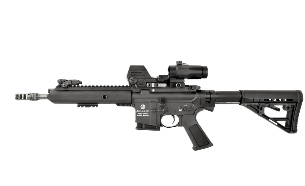 Schmeisser Gewehr, schwarz, taktisch, kompakt.