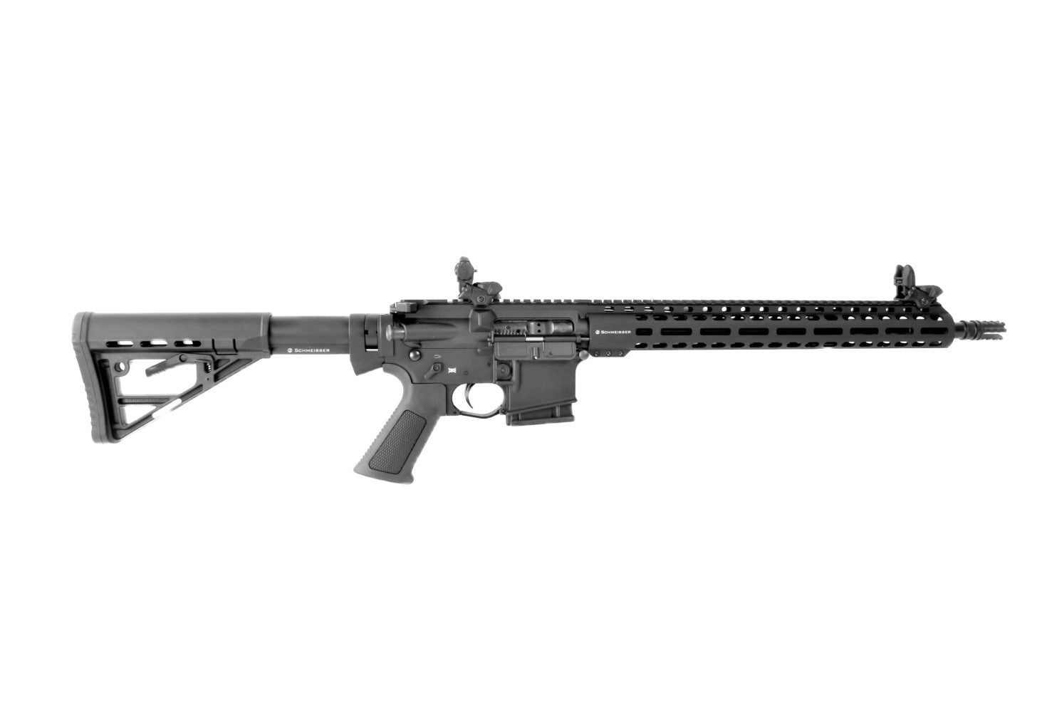 Schmeisser Gewehr, schwarz, seitliche Ansicht.