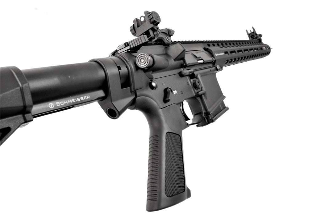 Schmeisser Gewehr, schwarz, seitliche Ansicht.