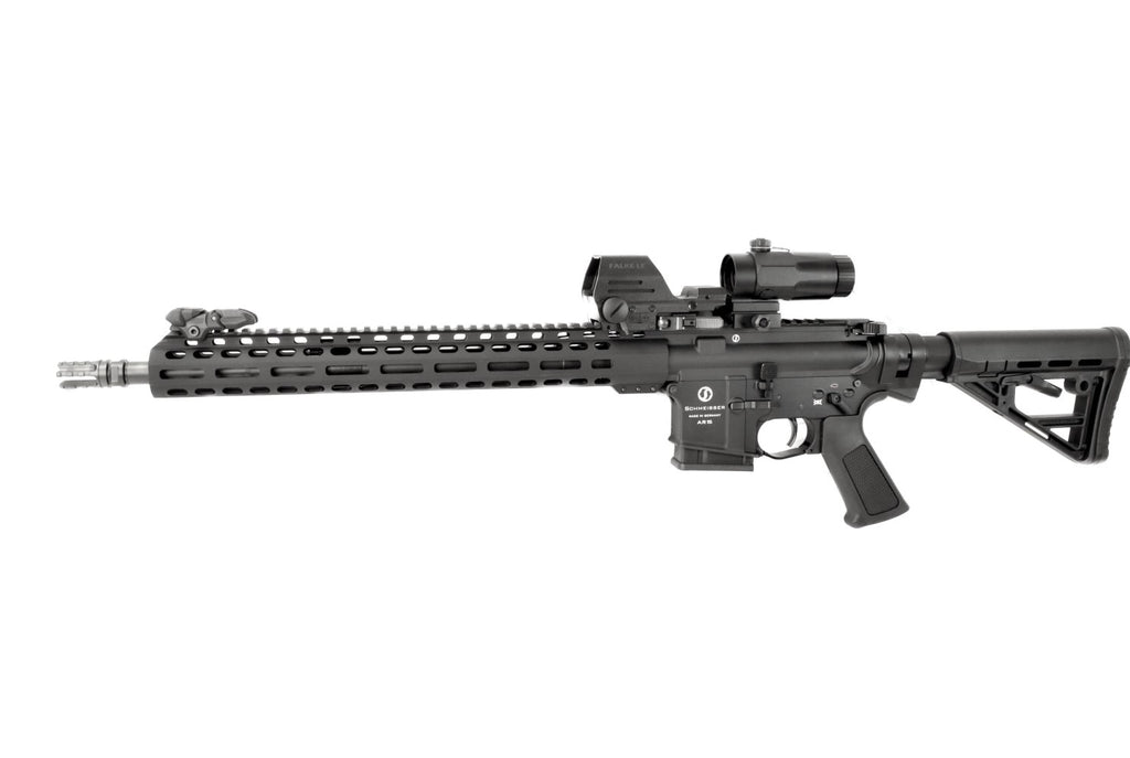 Schmeisser Gewehr, schwarz, seitliche Ansicht.