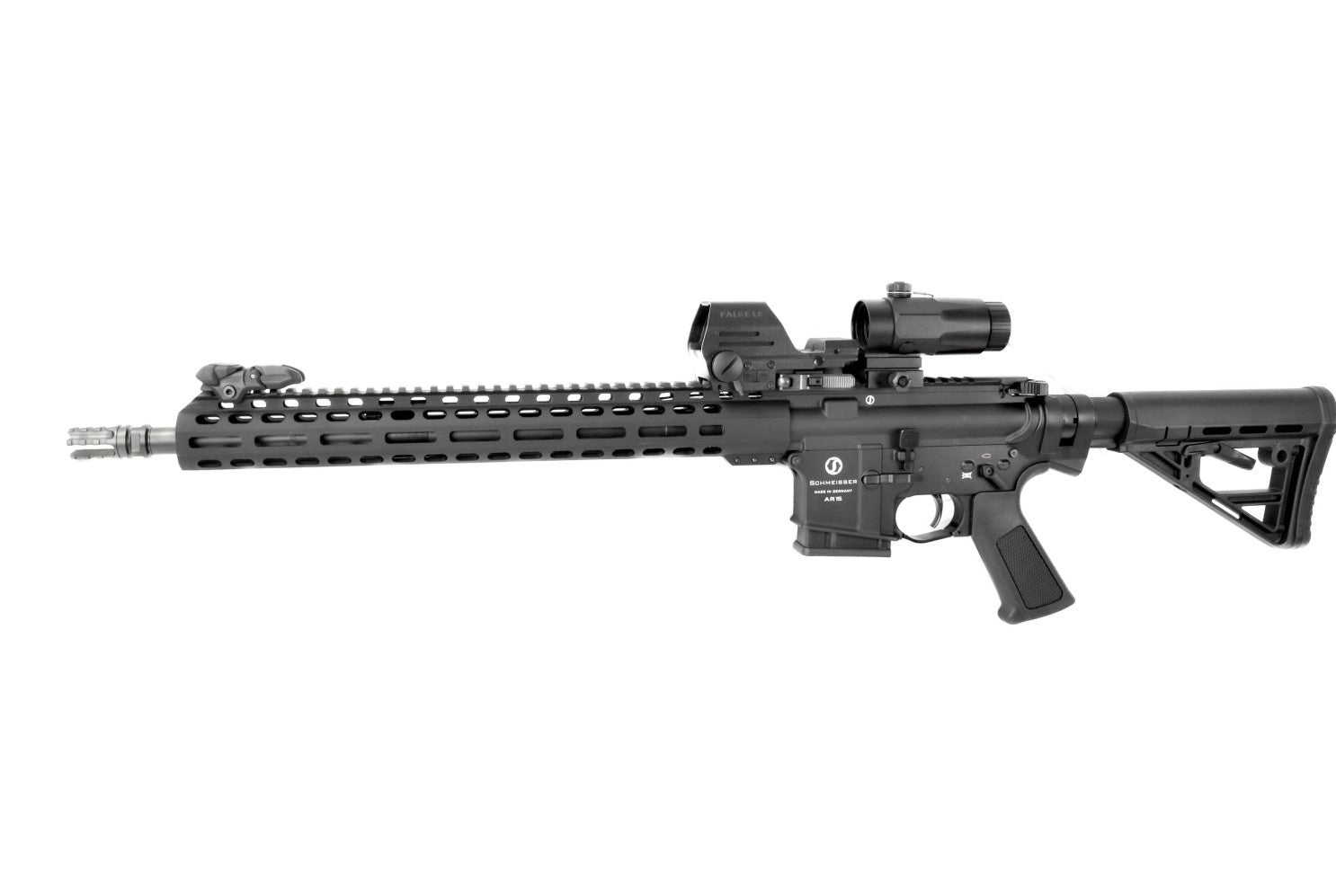 Schmeisser Gewehr, schwarz, seitliche Ansicht.