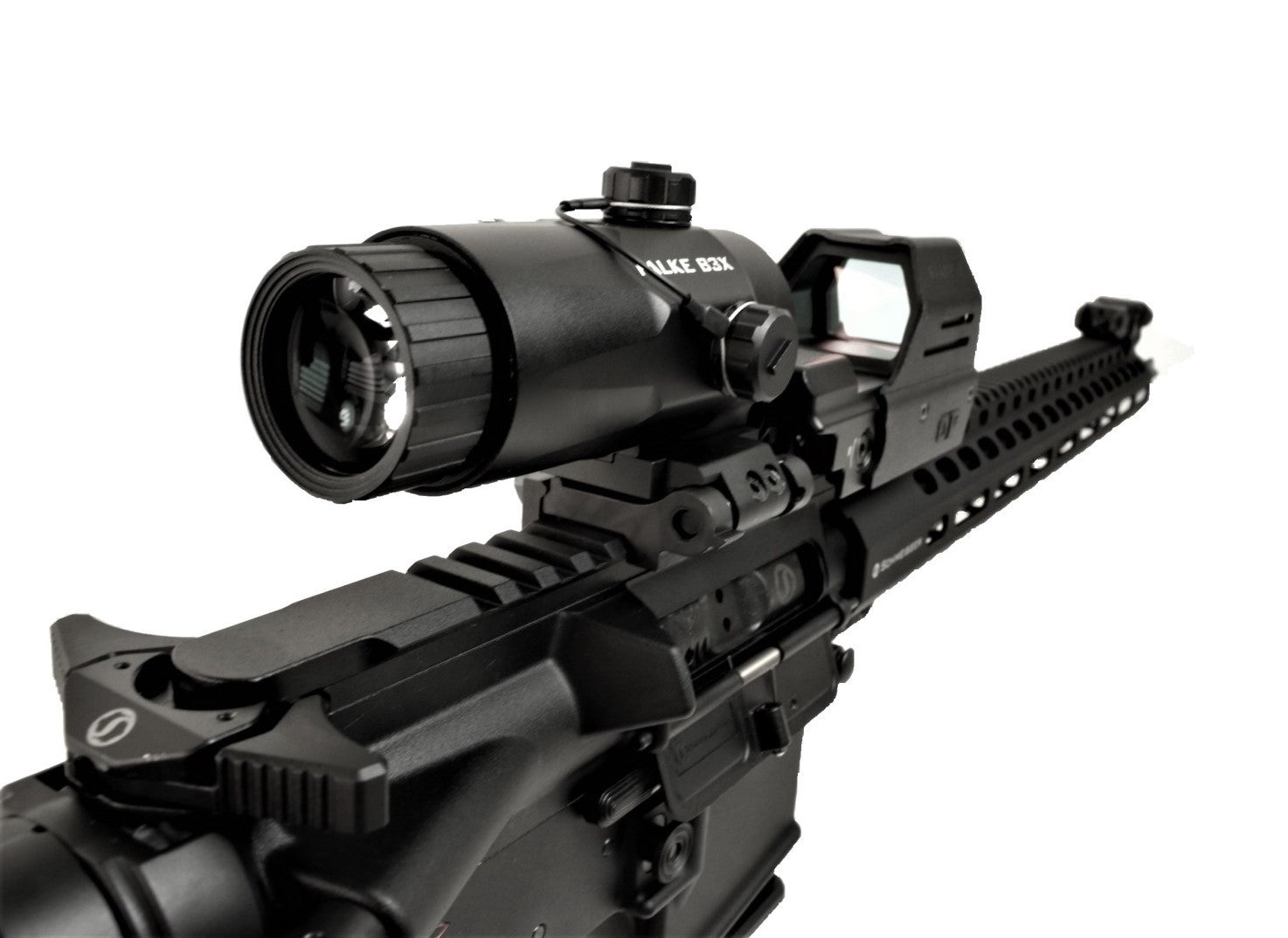 Schmeisser Gewehr, schwarz, seitliche Ansicht.