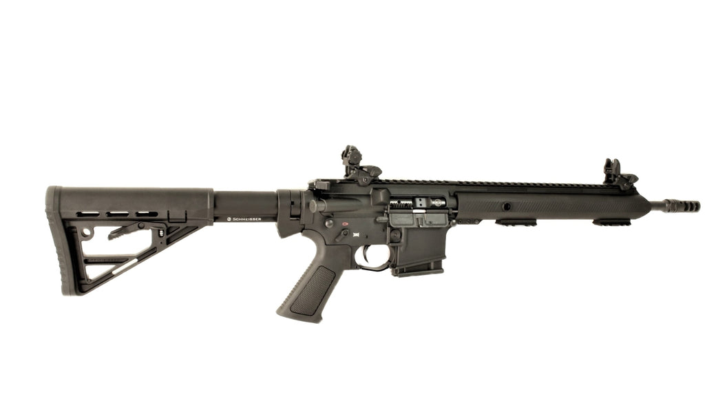 Schmeisser Gewehr, schwarz, seitliche Ansicht.