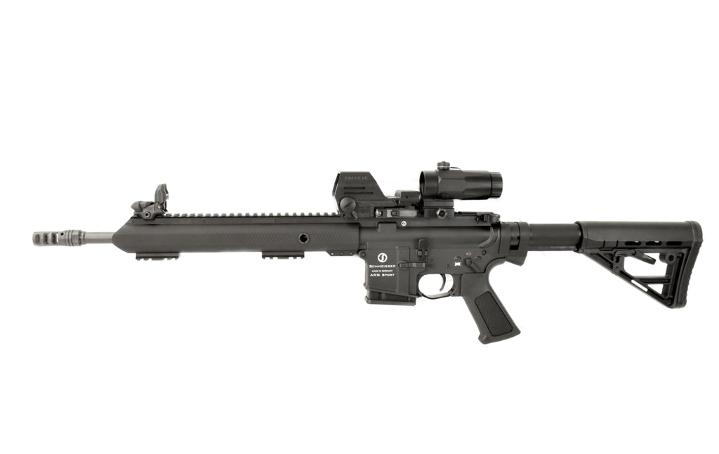 Schmeisser Gewehr, schwarz, seitliche Ansicht.