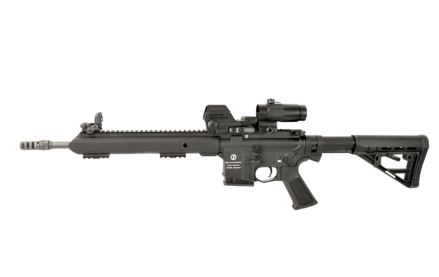 Schmeisser Gewehr, schwarz, seitliche Ansicht.