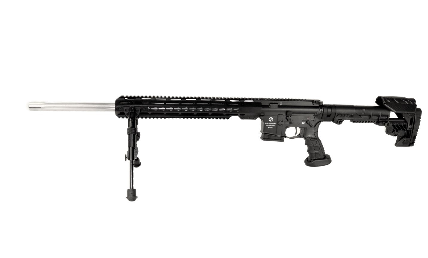 Schmeisser Gewehr mit Zweibein-Stativ.