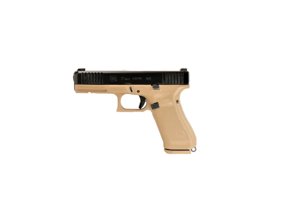 GLOCK Pistole, sandfarben, seitlich.