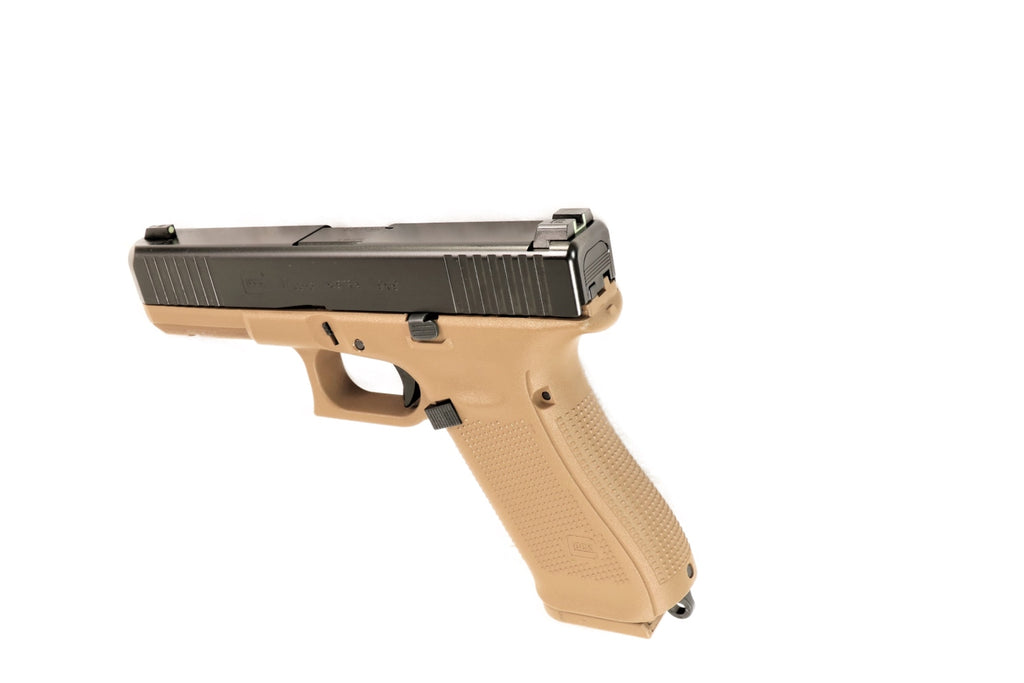 GLOCK Pistole, sandfarben, seitlich.