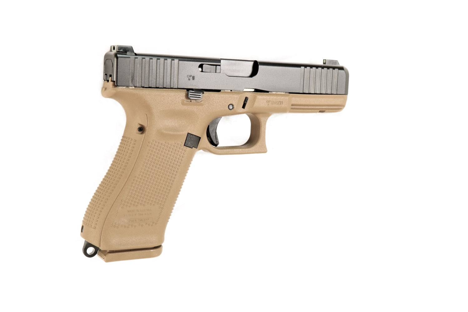 GLOCK Pistole, sandfarben, seitlich.