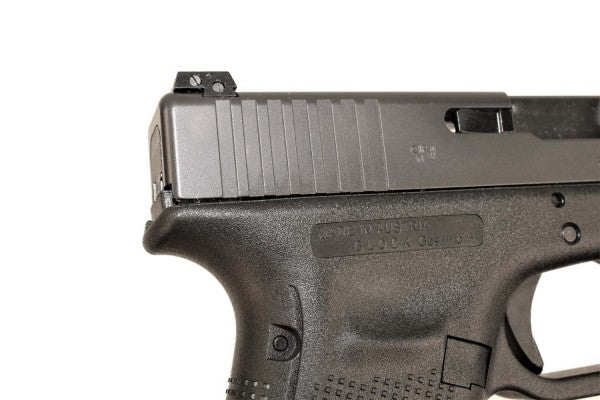 Glock Pistole, Detailansicht des Schlittenbereichs.