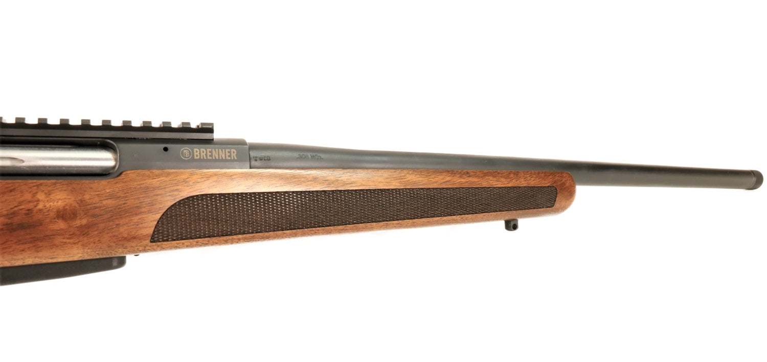 Brenner Jagdgewehr mit Holzschaft.