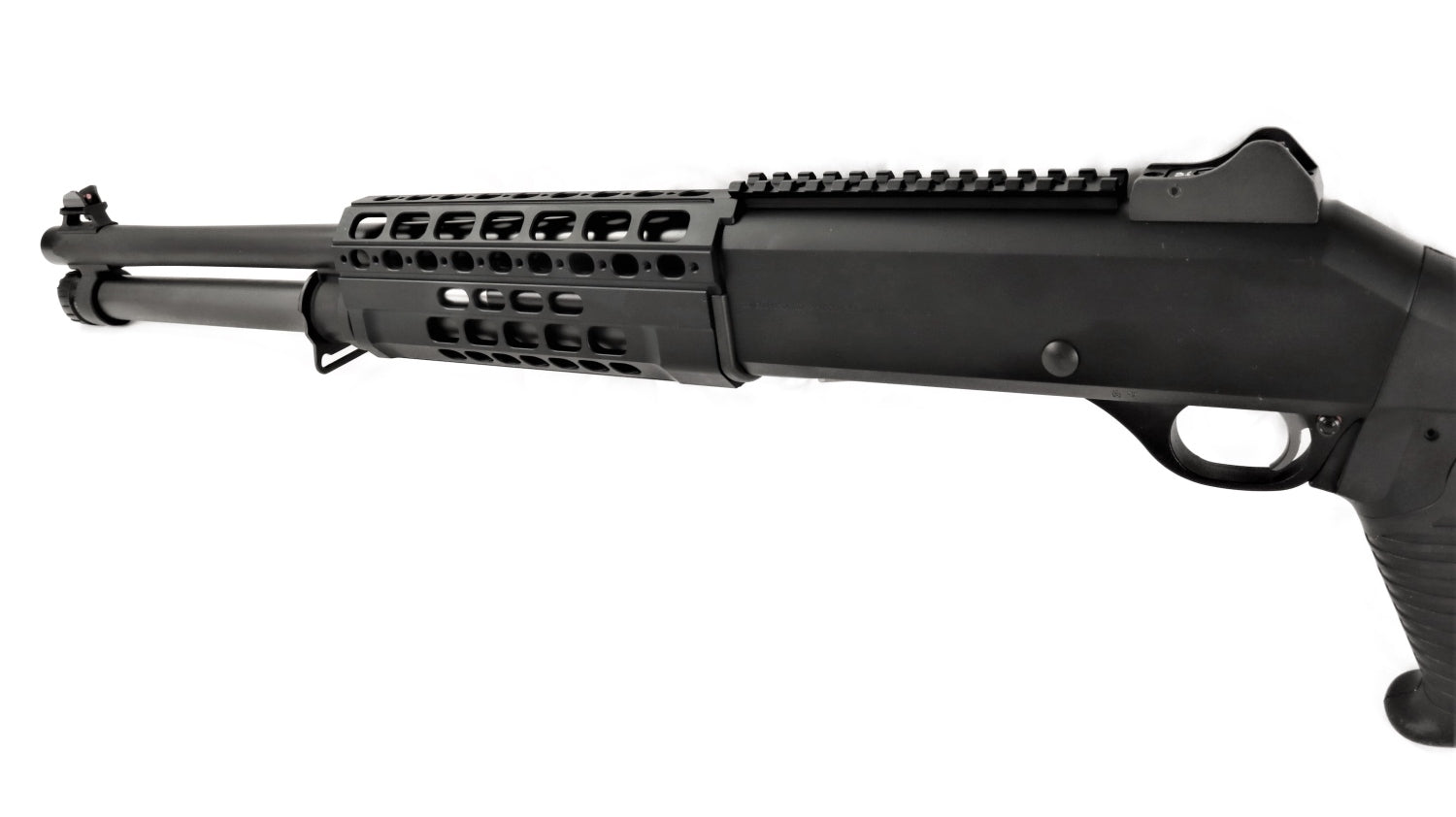 Benelli Schrotflinte, schwarz, seitlich.