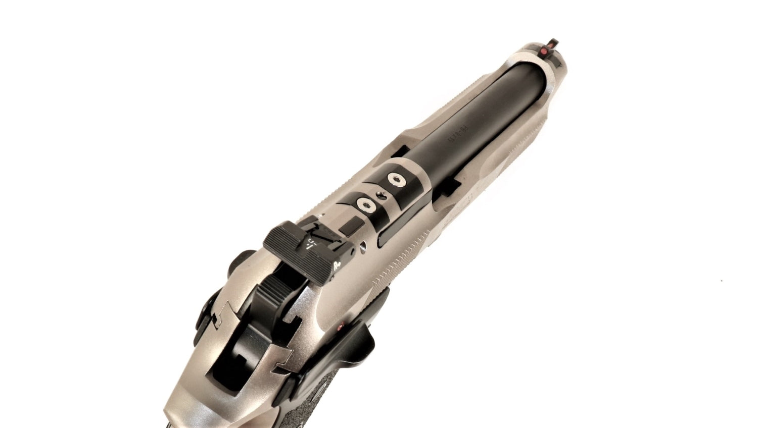 Beretta Pistole, silber-schwarz, seitlich.