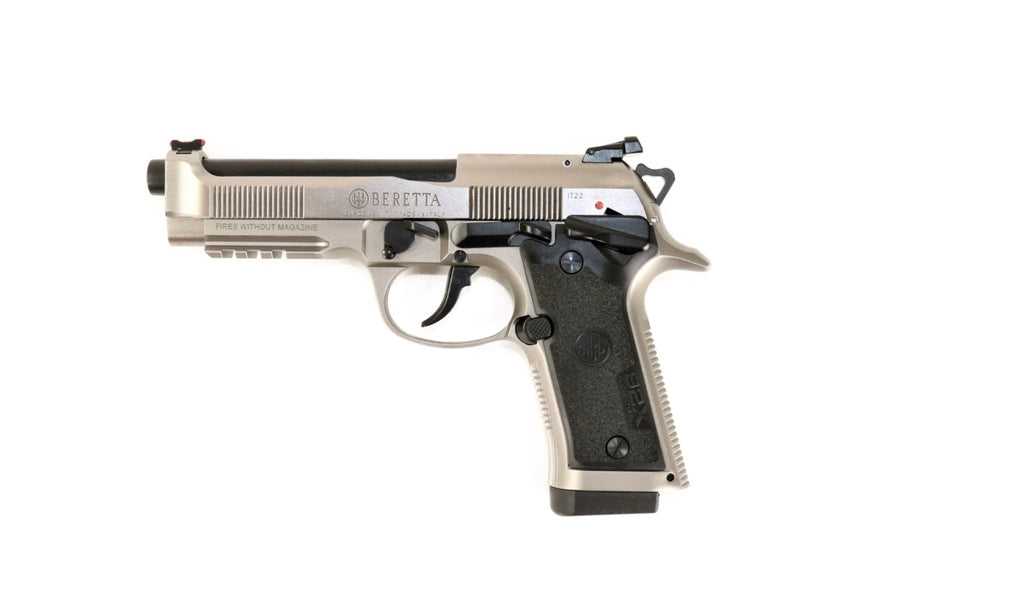 Beretta Pistole, silber-schwarz, seitlich.