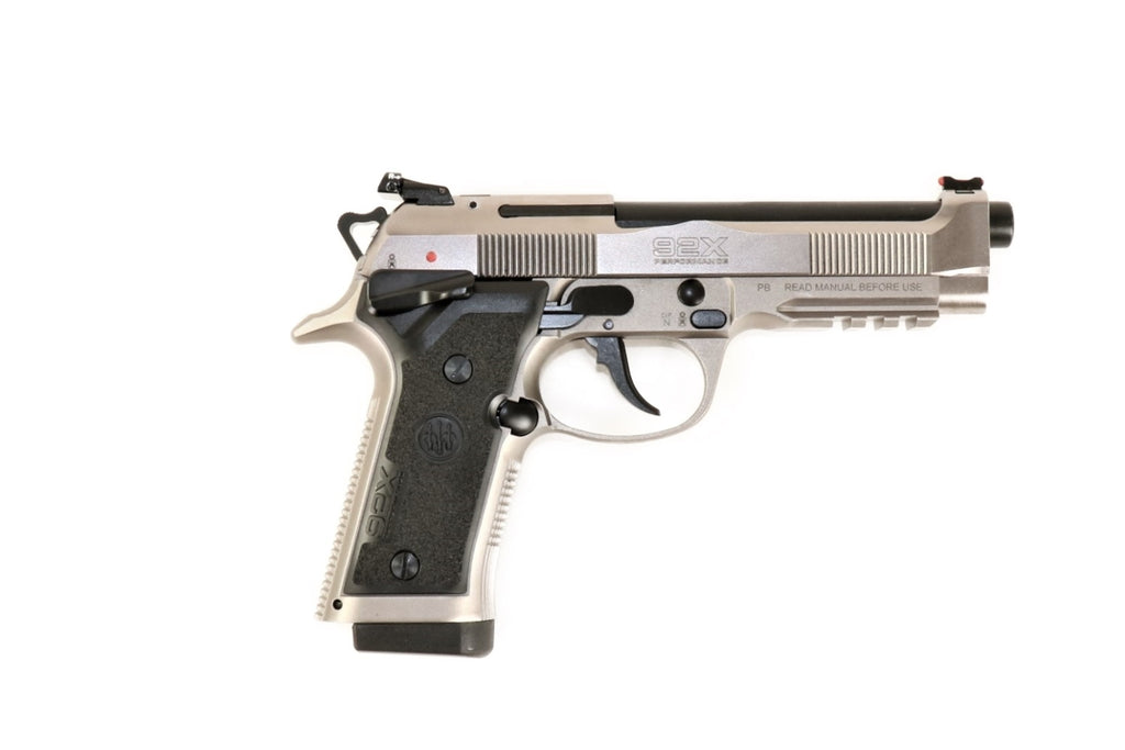 Beretta Pistole, silber-schwarz, seitlich.