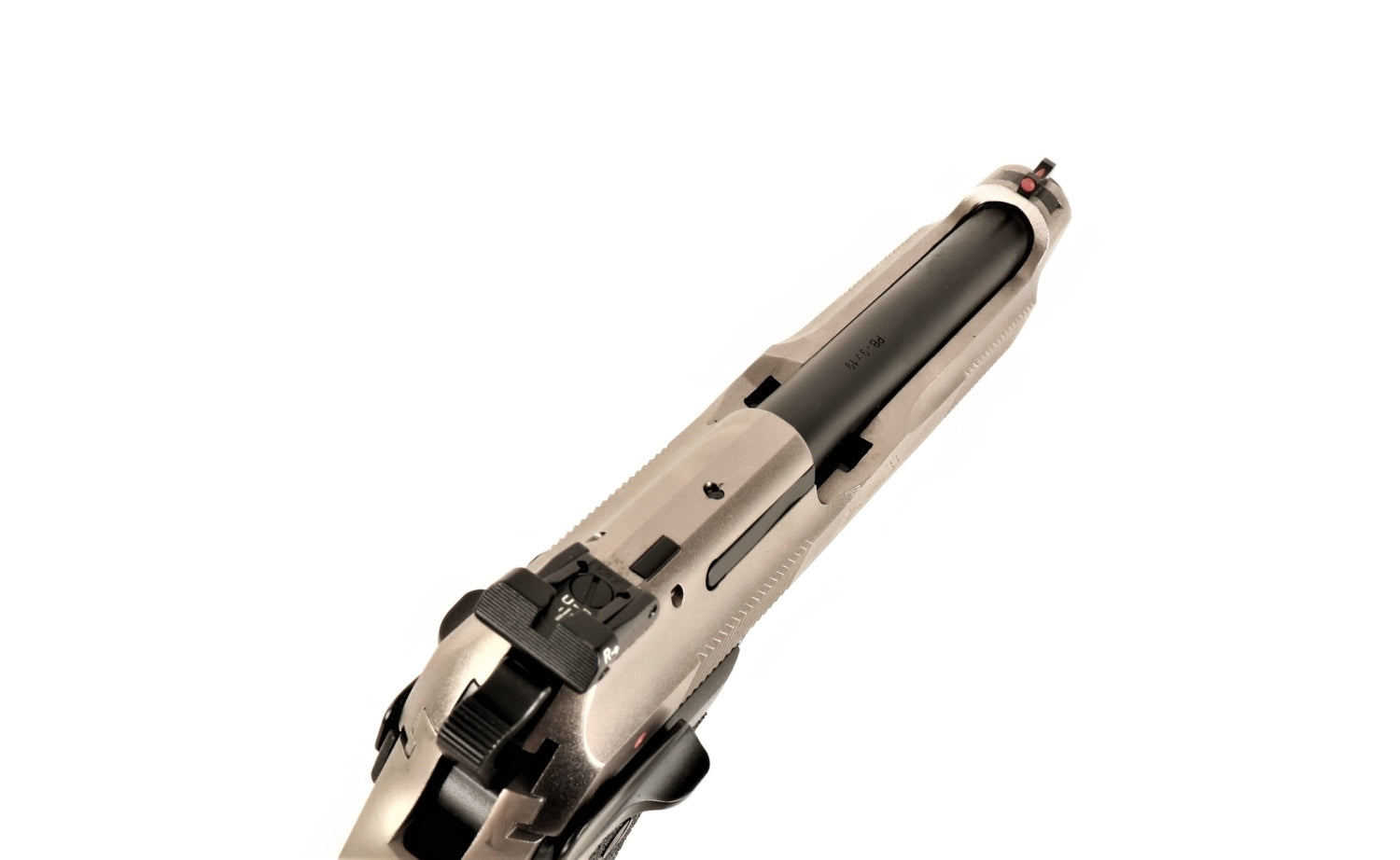 Beretta Pistole, silber-schwarz, seitlich.