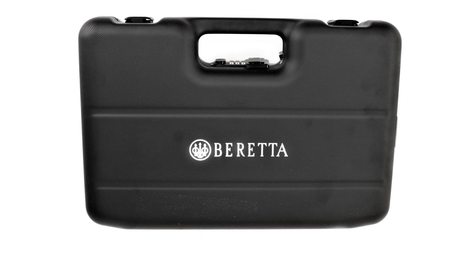 Beretta Pistole, silber-schwarz, seitlich.