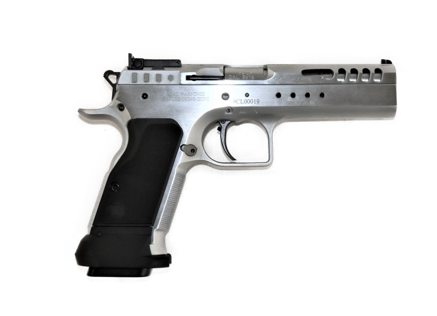 Tanfoglio Pistole, silber, seitliche Ansicht.