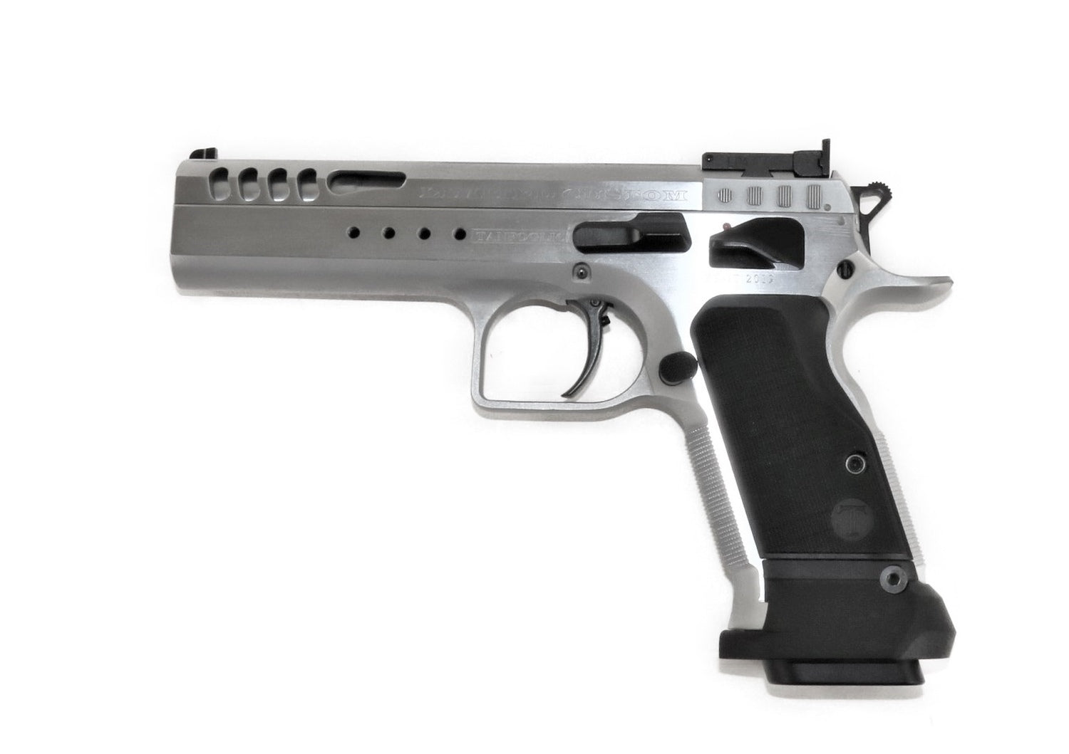 Tanfoglio Pistole, silber, seitliche Ansicht.