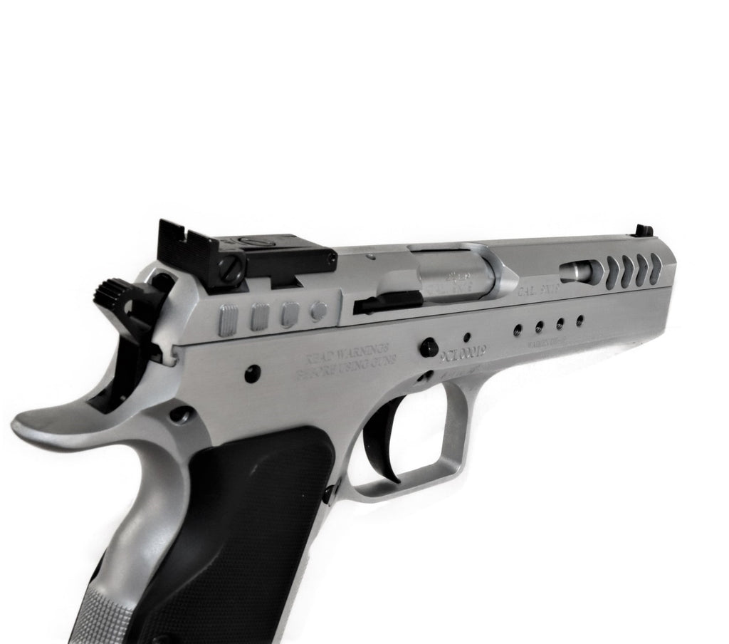 Tanfoglio Pistole, silber, seitliche Ansicht.