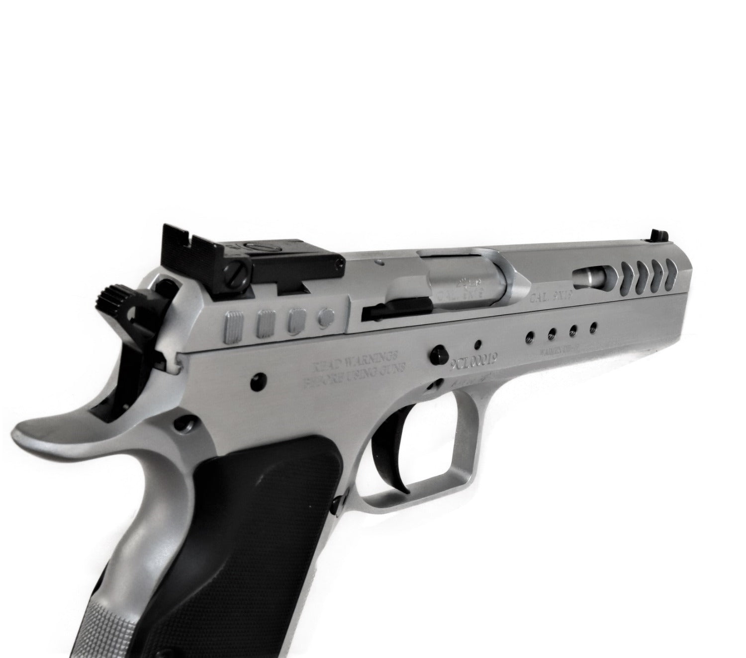 Tanfoglio Pistole, silber, seitliche Ansicht.