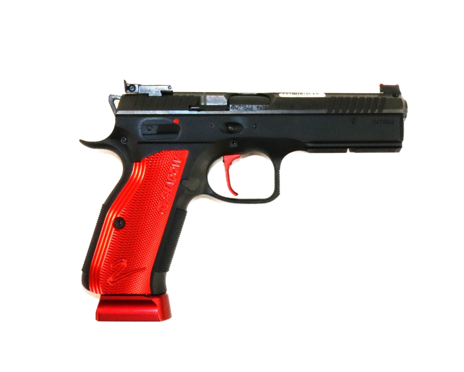 CZ-Pistole mit rotem Griff.