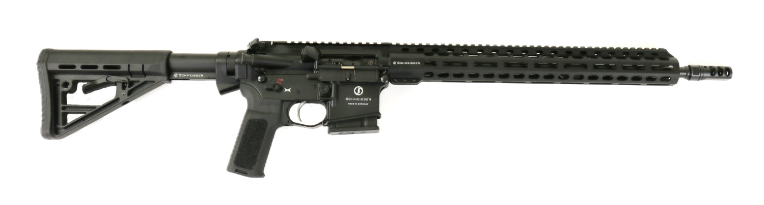 Schmeisser Gewehr, schwarz, seitliche Ansicht.