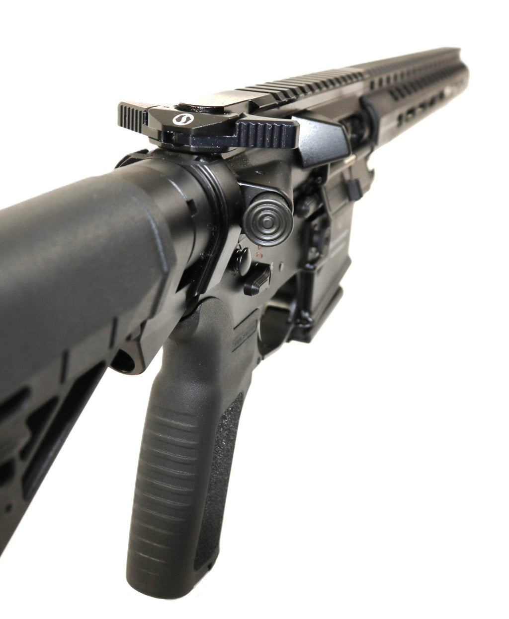 Schmeisser Gewehr, schwarz, seitliche Ansicht.