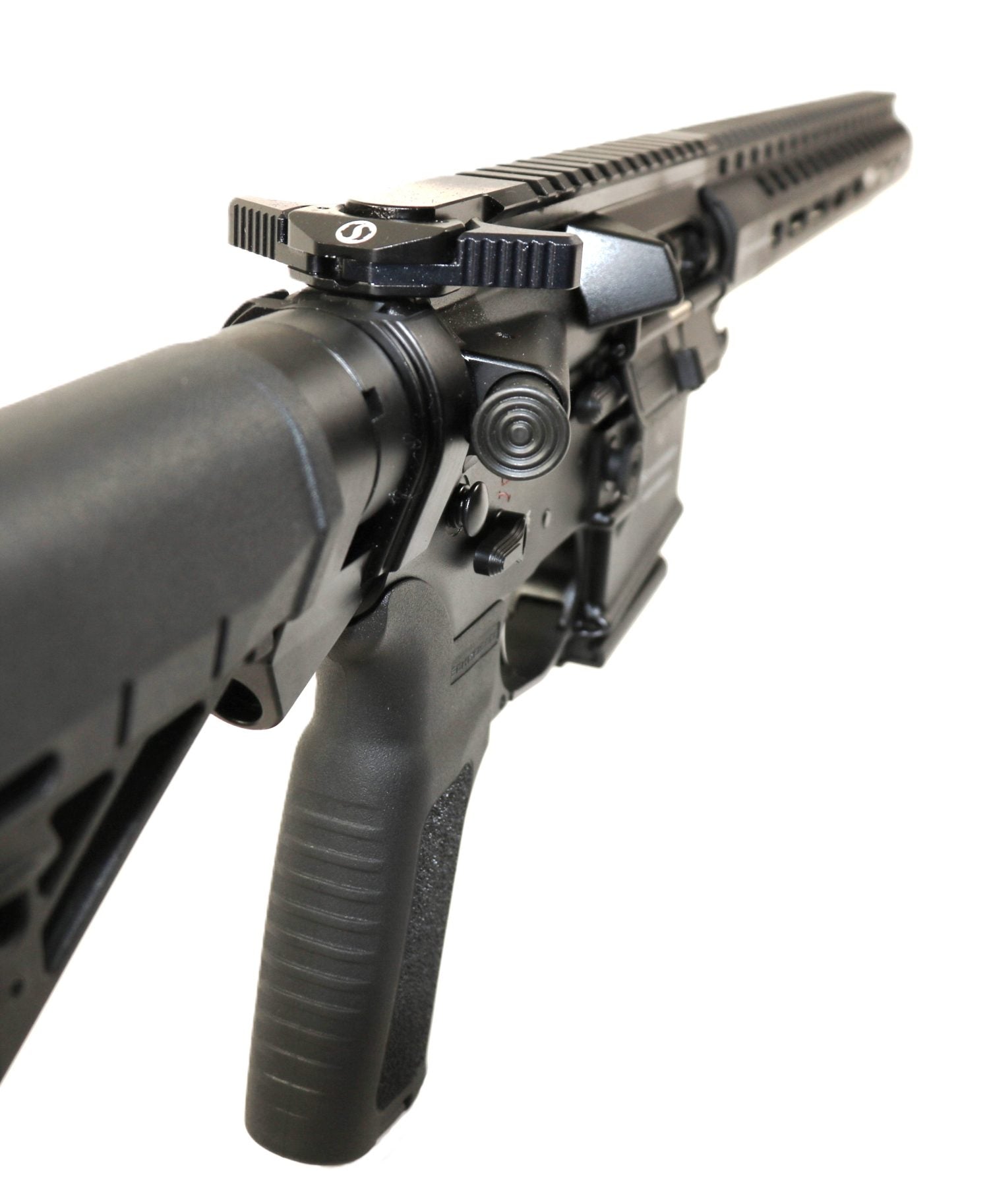 Schmeisser Gewehr, schwarz, seitliche Ansicht.