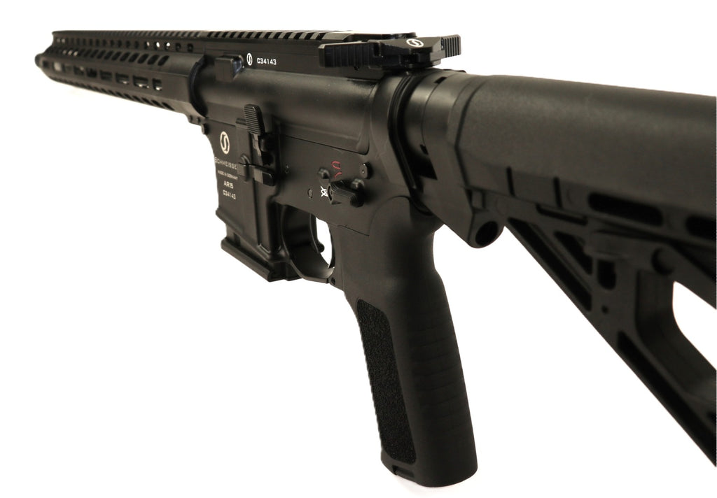 Schmeisser Gewehr, schwarz, seitliche Ansicht.