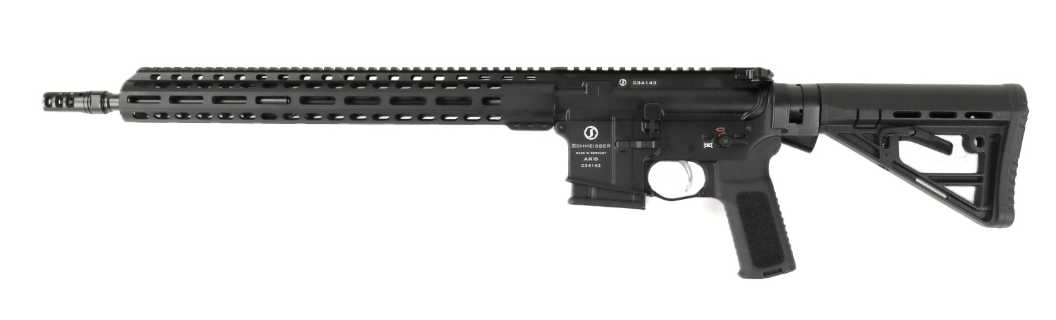 Schmeisser Gewehr, schwarz, seitliche Ansicht.