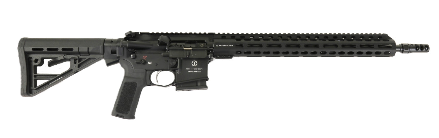 Schmeisser Gewehr, schwarz, seitliche Ansicht.