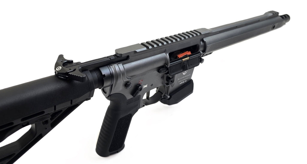 Schmeisser Gewehrlauf, Nahaufnahme, schwarz.