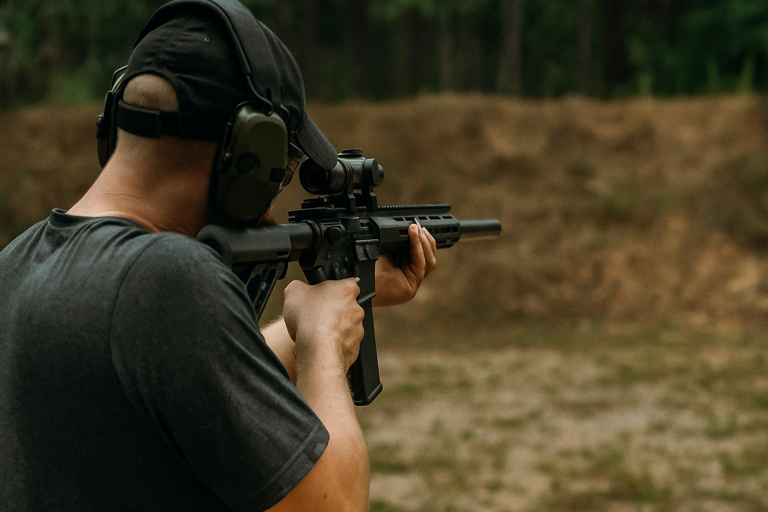 Person schießt mit Gewehr auf einem Schießstand.
