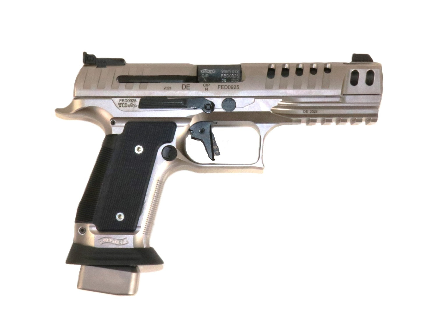 Walther Pistole, silber, Nahaufnahme.