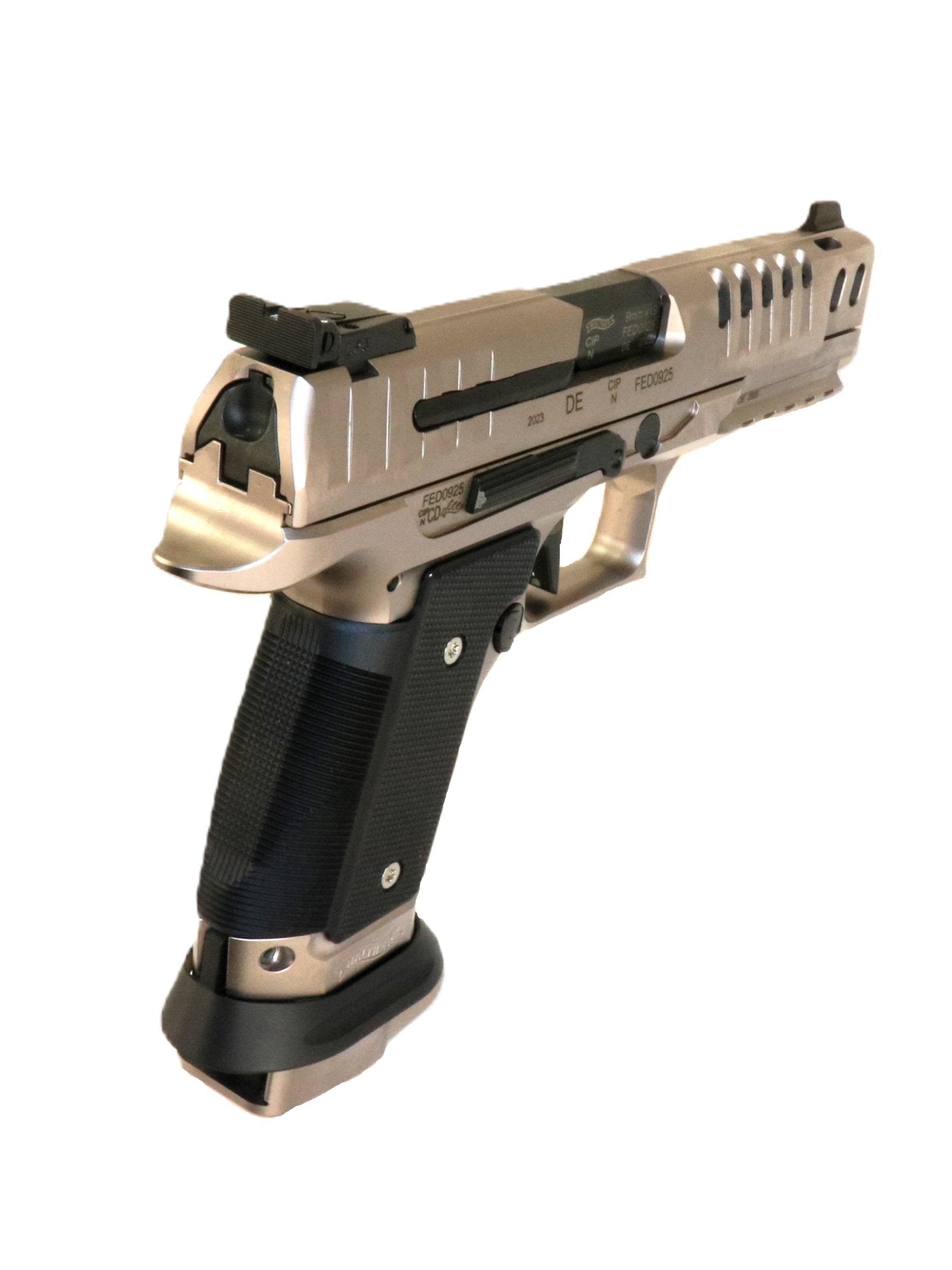 Walther Pistole, silber, Nahaufnahme.