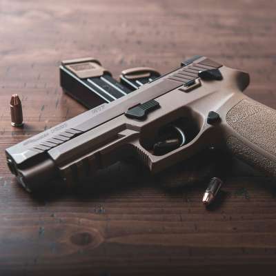 Pistole auf Holzoberfläche mit Patronen daneben.
